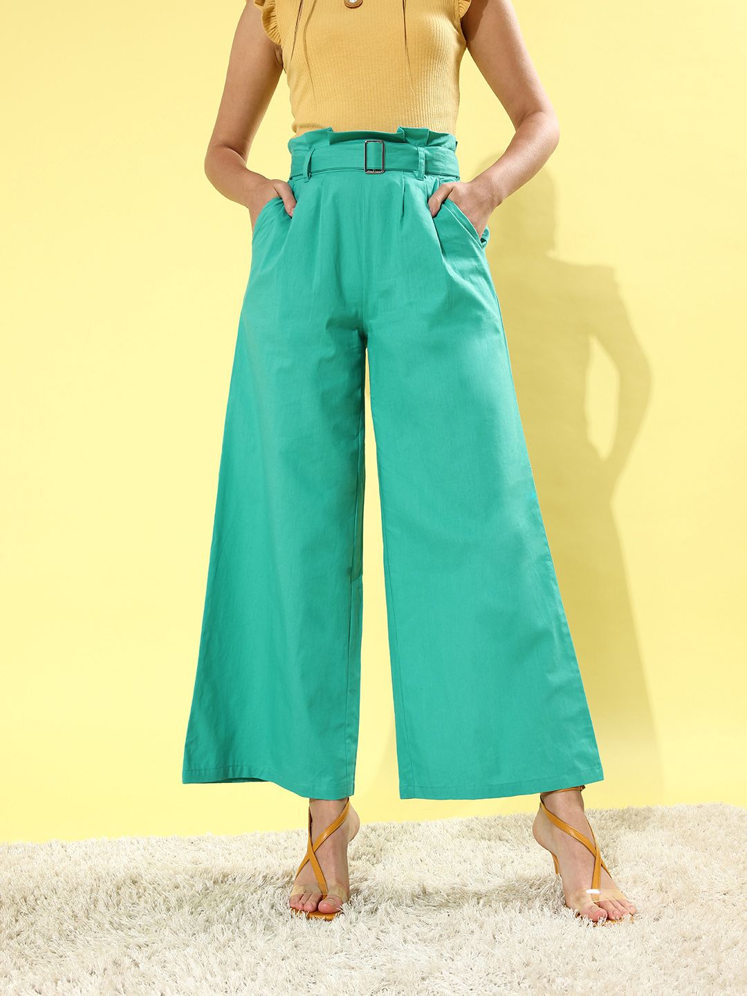 DressBerry Women Sea Green Solid Wide Leg Bottom Trousers Price in India