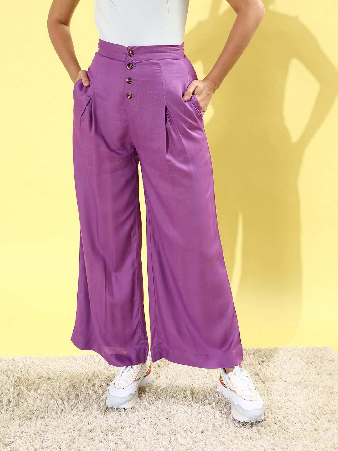 DressBerry Women Purple Solid Wide Leg Bottom Trousers Price in India