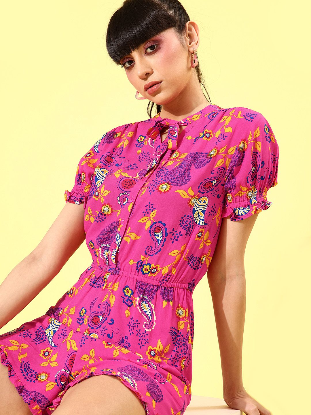 Dressberry Women Fuchsia Printed Sustainable Playsuit Price in India