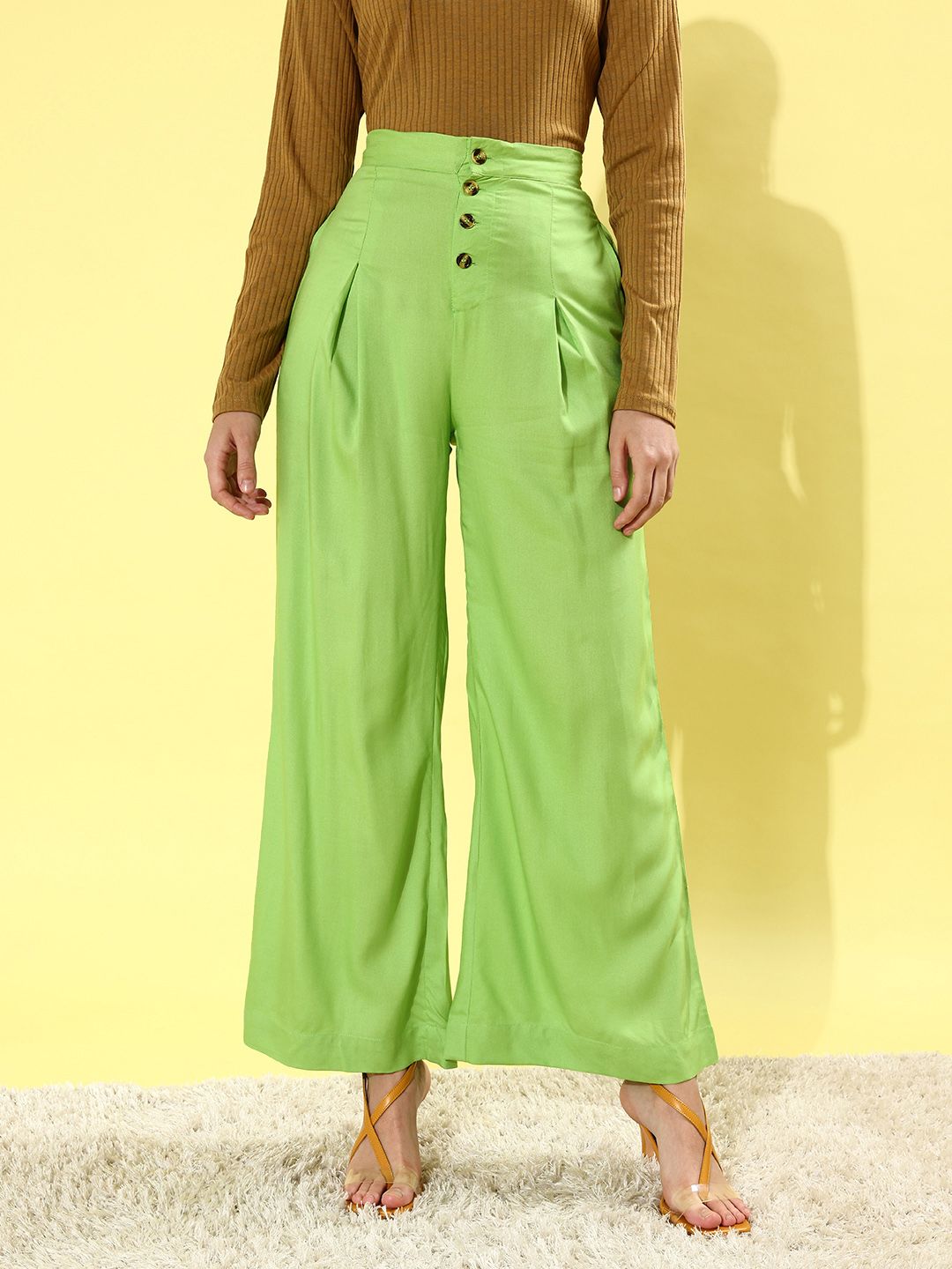 DressBerry Women Fluorescent Green Solid Wide Leg Bottom Trousers Price in India