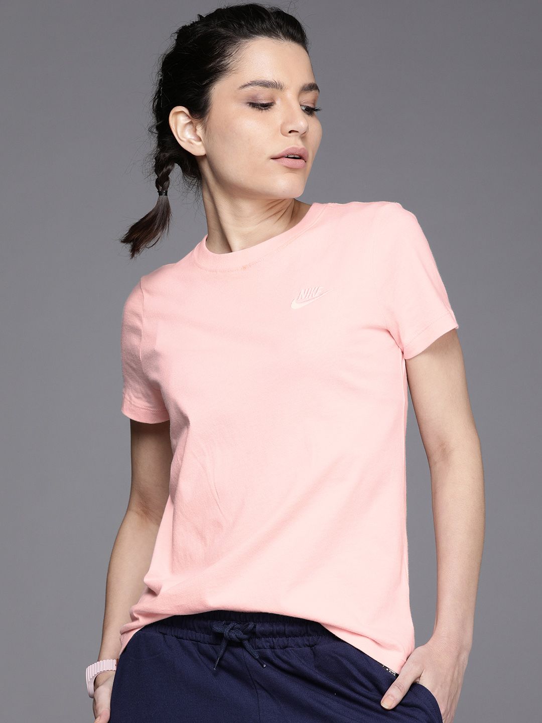 Nike Women Pink Brand Logo Embroidered Pure Cotton NSW Club T-shirt Price in India