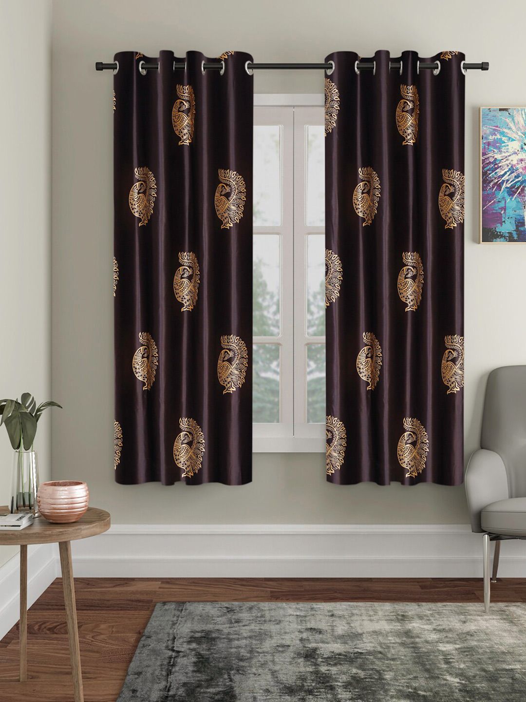 Home Sizzler Brown & Beige Set of 2 Ethnic Motifs Hand Block Printed Window Curtains Price in India