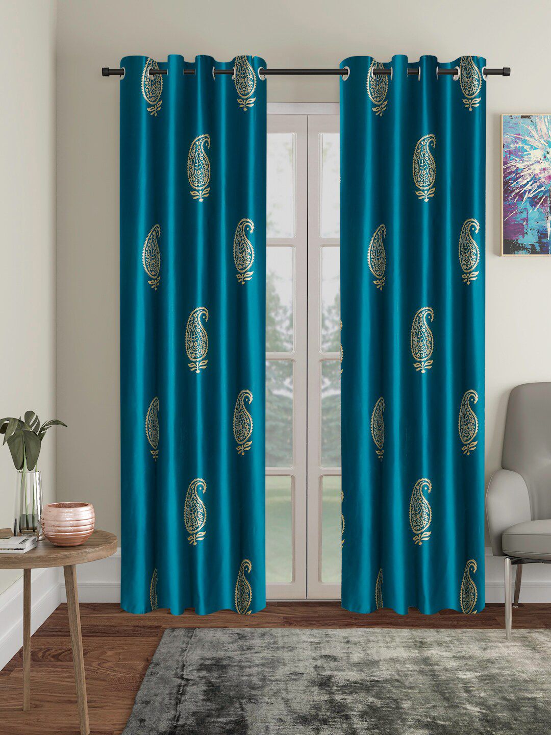 Home Sizzler Pack Of 2 Turquoise Blue Ethnic Motifs Printed Door Curtains Price in India