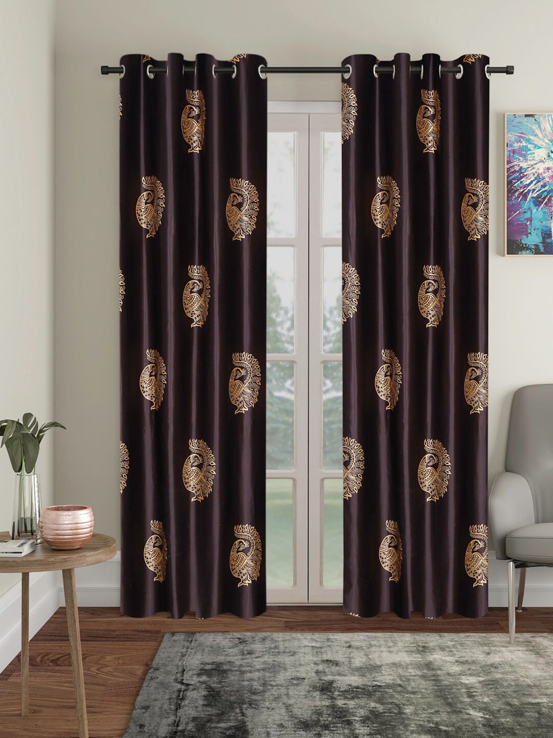 Home Sizzler Brown & Beige Set of 2 Ethnic Motifs Hand Block Printed Door Curtains Price in India