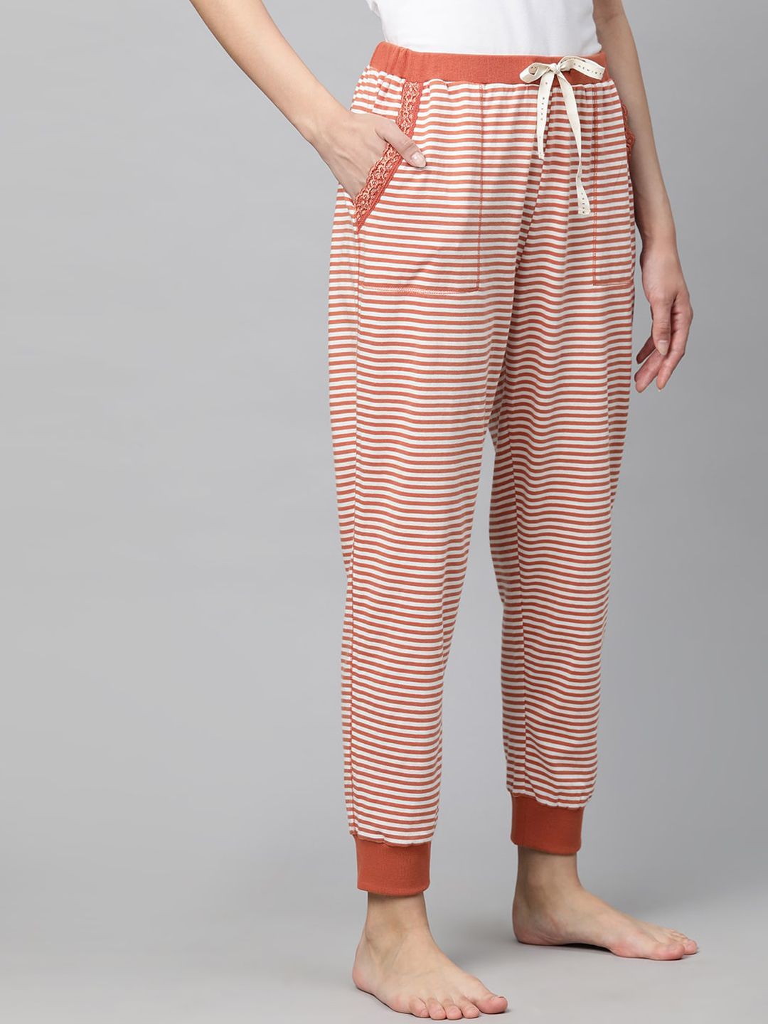 Chemistry Women Rustic Orange & White Striped Pure Cotton Lounge Joggers Price in India