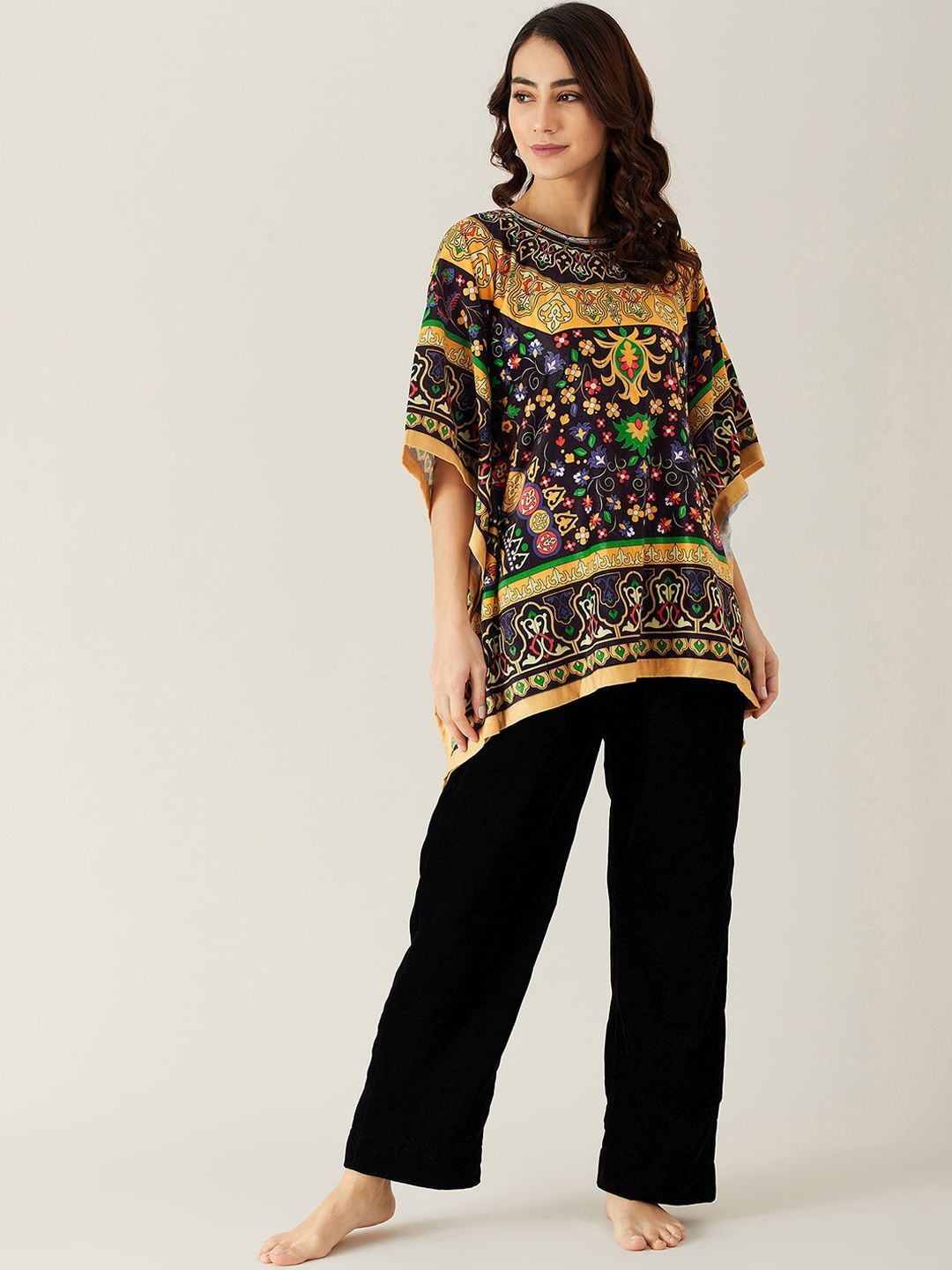 The Kaftan Company Women Black & Mustard Printed Velvet Night suit Price in India