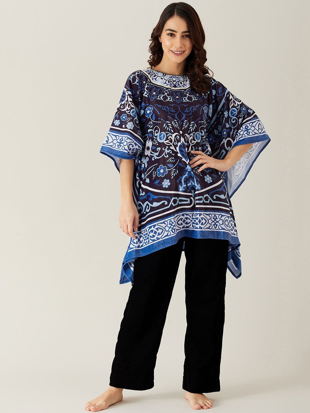 The Kaftan Company Women Blue & Black Printed Kaftan Night suit Price in India