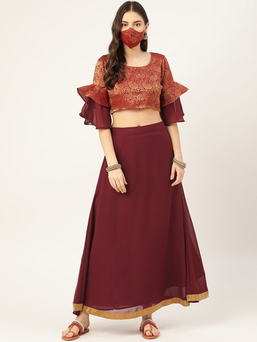 RIVI Maroon & Gold-Toned Ready to Wear Lehenga Price in India