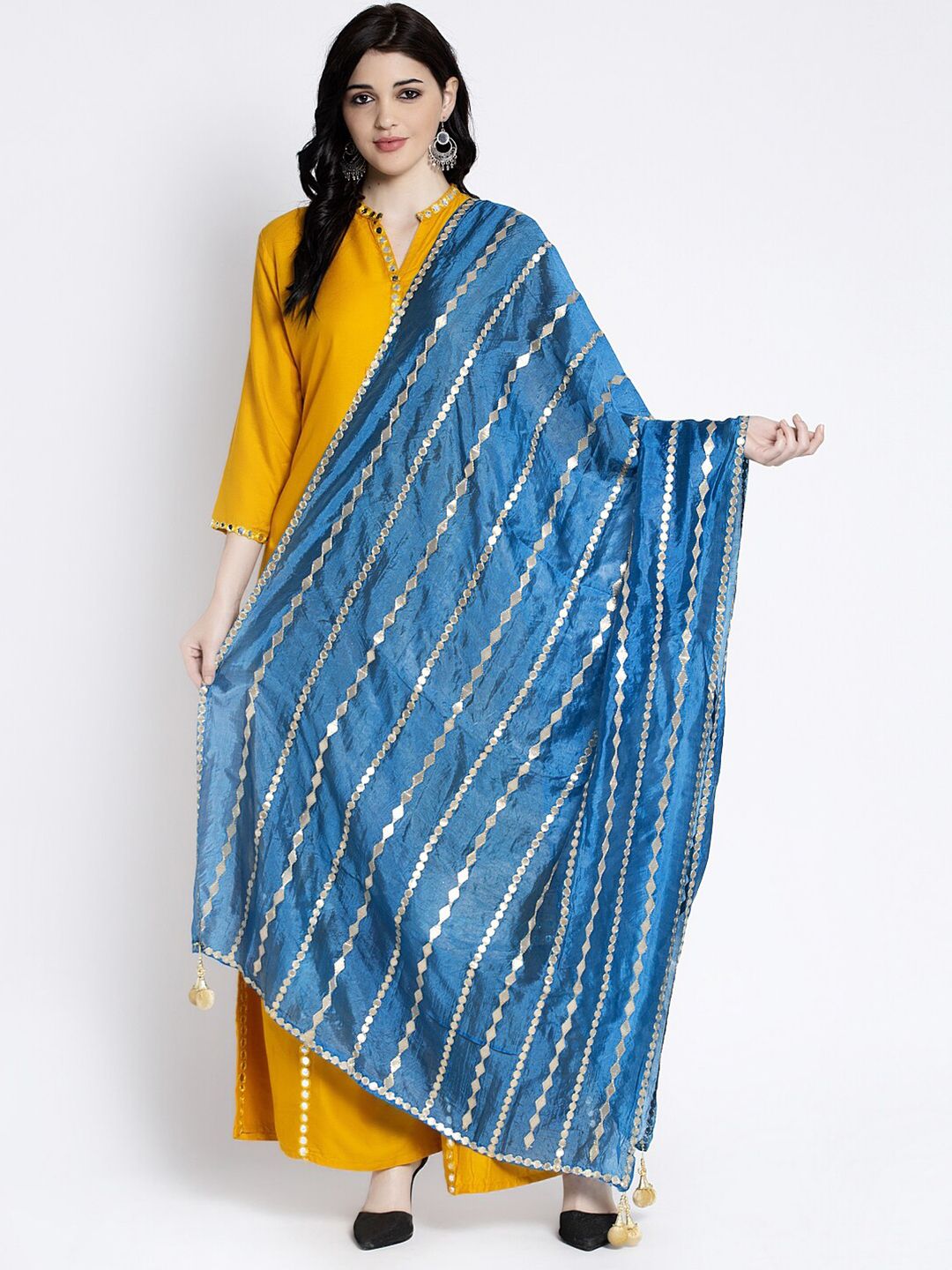 Clora Creation Blue & Silver-Toned Striped Dupatta with Gotta Patti Price in India