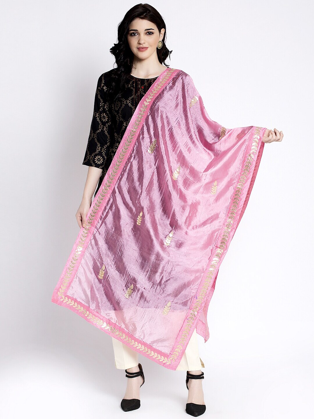 Clora Creation Pink & Gold-Toned Ethnic Motifs Embroidered Dupatta with Gotta Patti Price in India