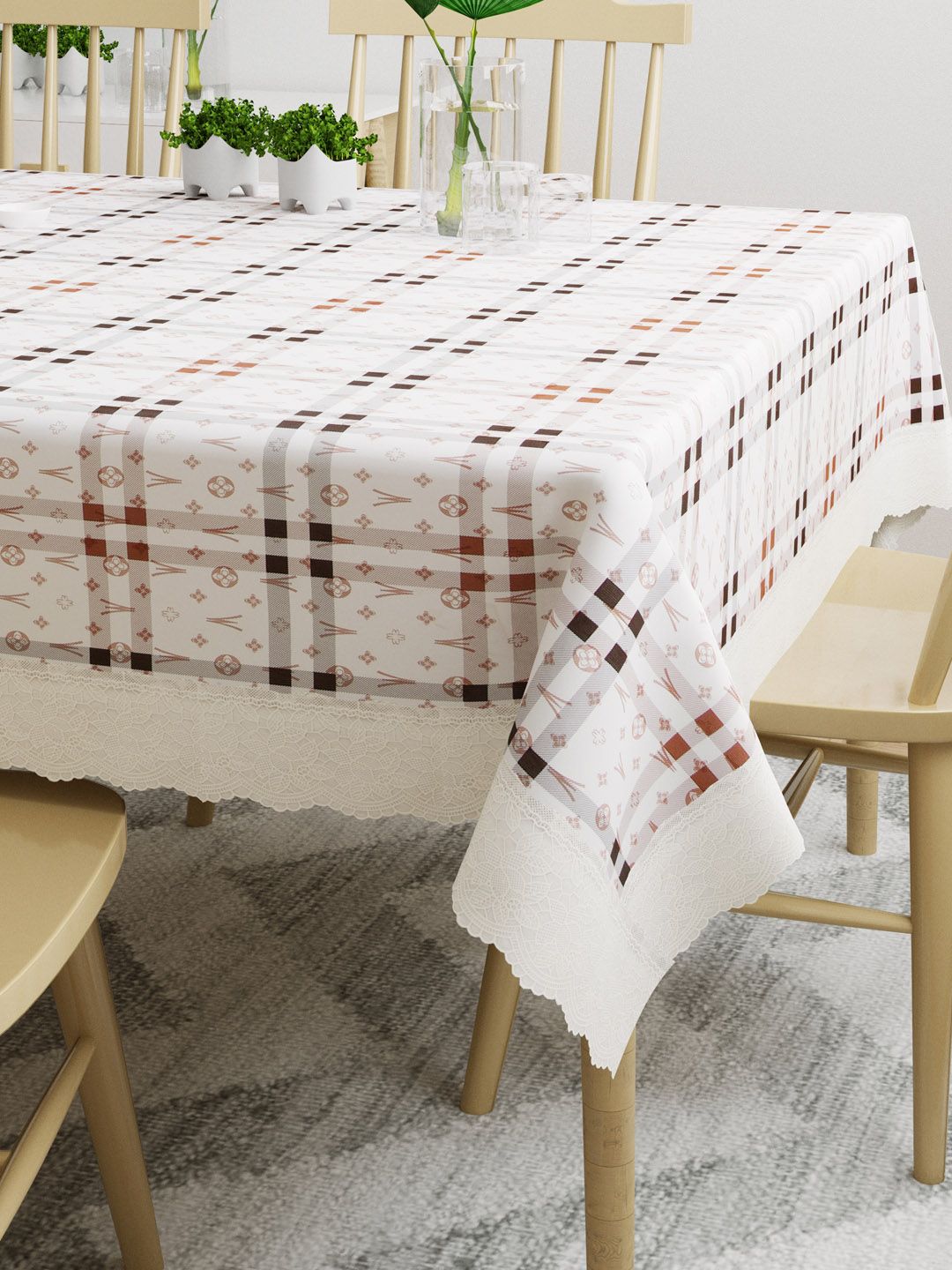 DREAM WEAVERZ White & Brown Geometric Printed 6-Seater Table Cover Price in India