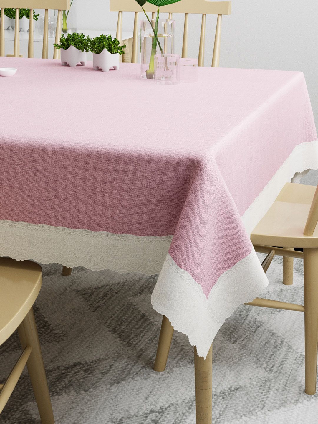 DREAM WEAVERZ Pink & White Solid 6-Seater Table Covers Price in India