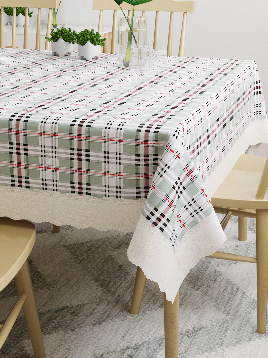 DREAM WEAVERZ White & Grey Checked 6-Seater Table Cover Price in India