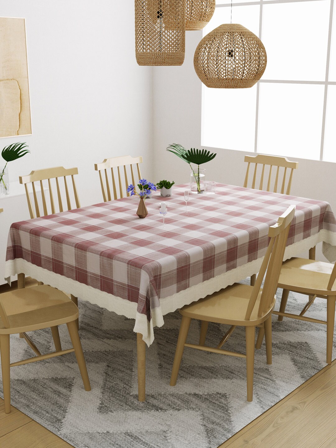 DREAM WEAVERZ Cream & Brown Checked 6-Seater Table Cover Price in India