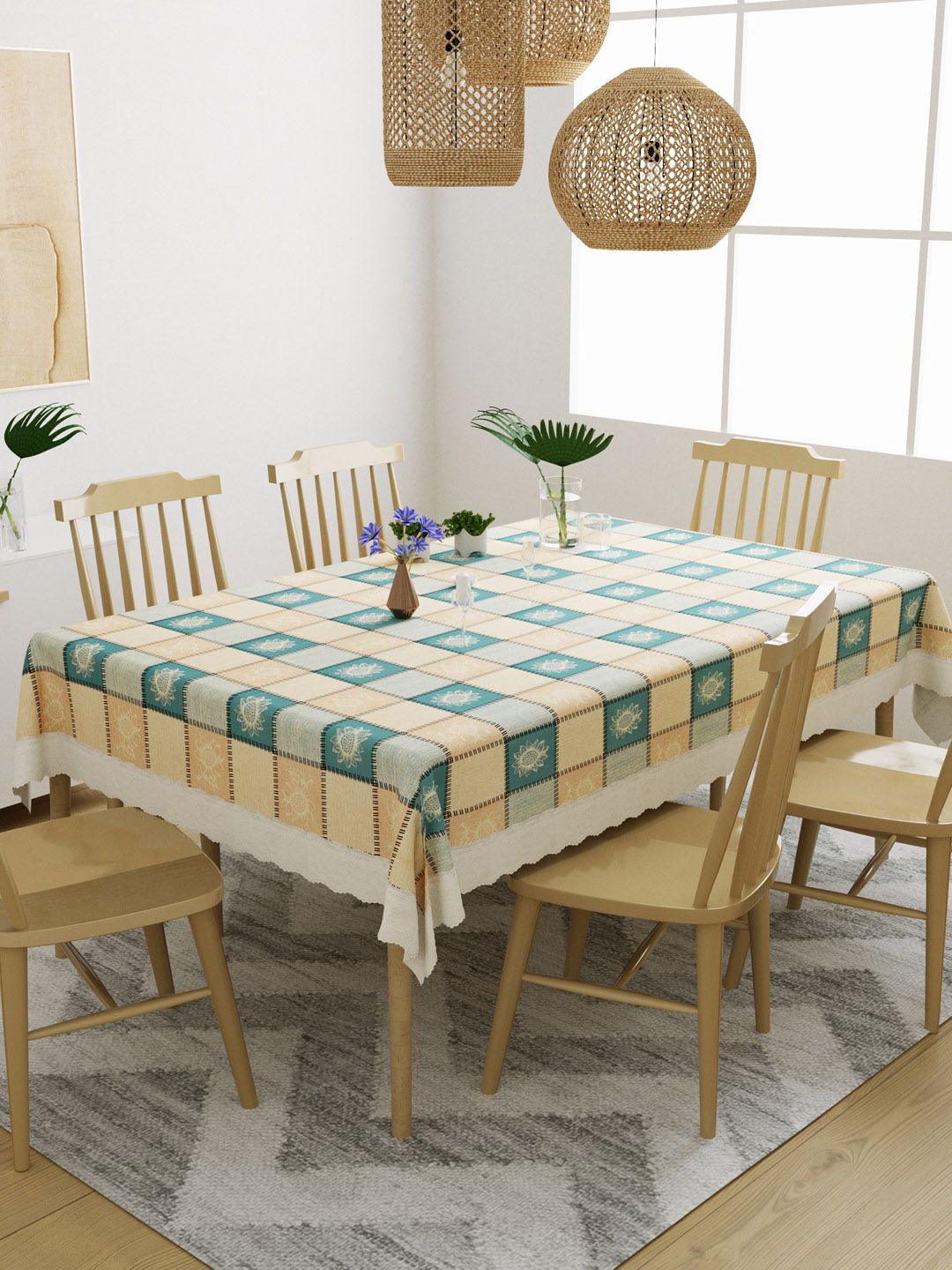 DREAM WEAVERZ Green & Peach Floral Printed 6-Seater Table Cover Price in India
