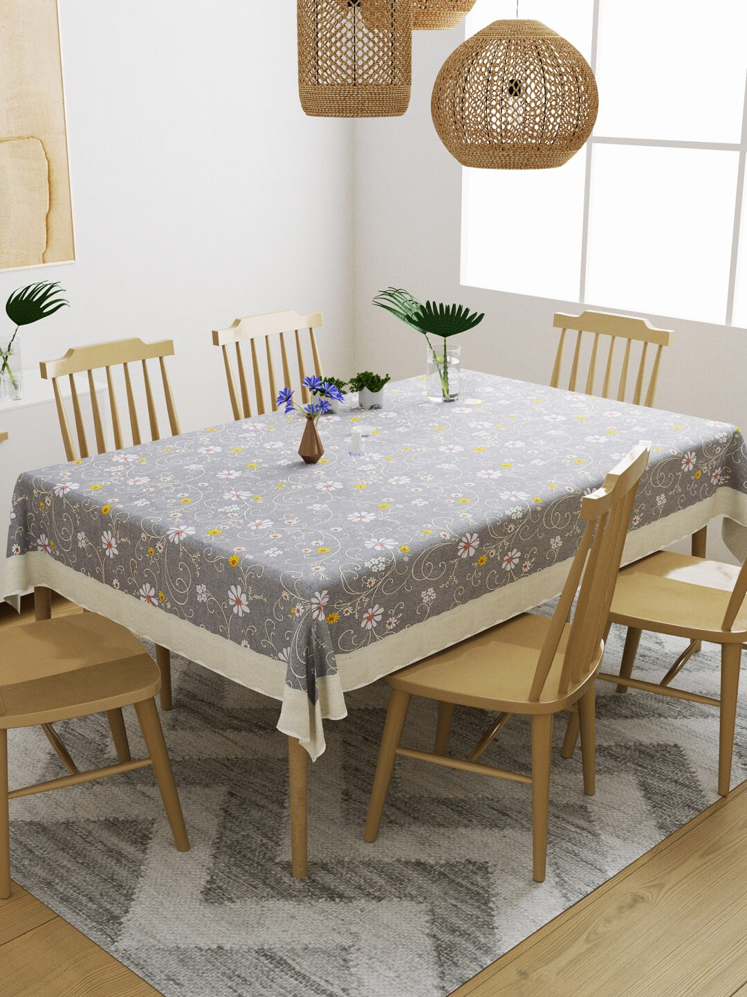 DREAM WEAVERZ Grey & White Floral Printed 6-Seater Table Cover Price in India