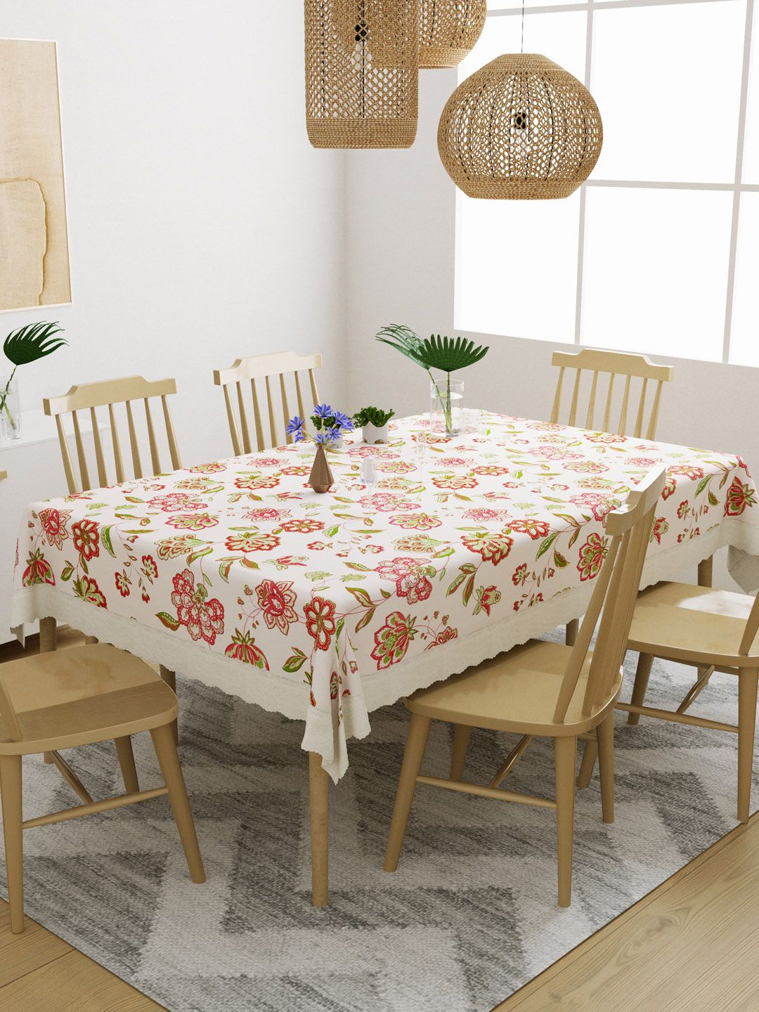 DREAM WEAVERZ White & Pink Floral Printed 6-Seater Table Cover Price in India
