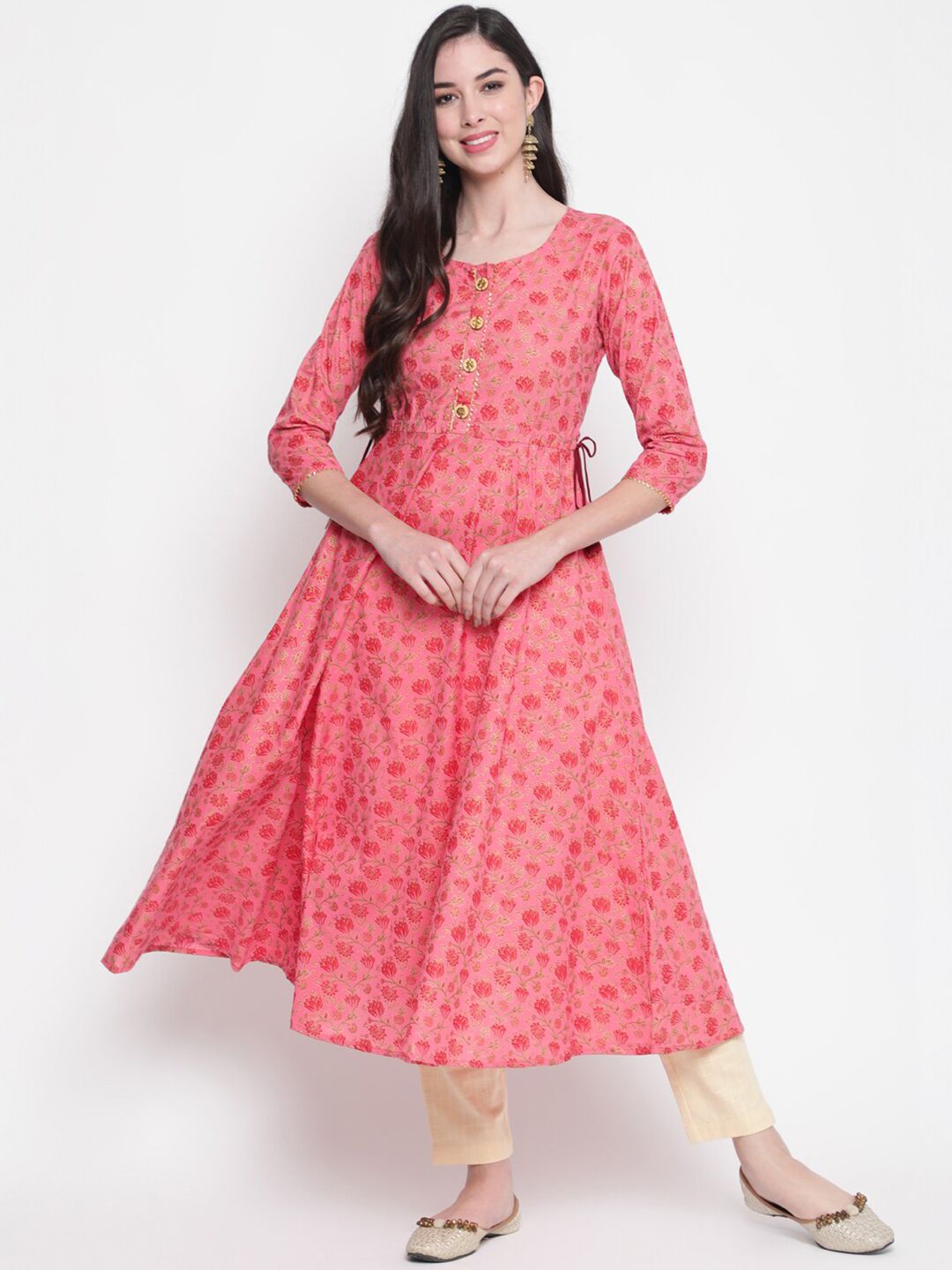 GLAM ROOTS Women Pink Floral Printed Cotton Anarkali Kurta Price in India