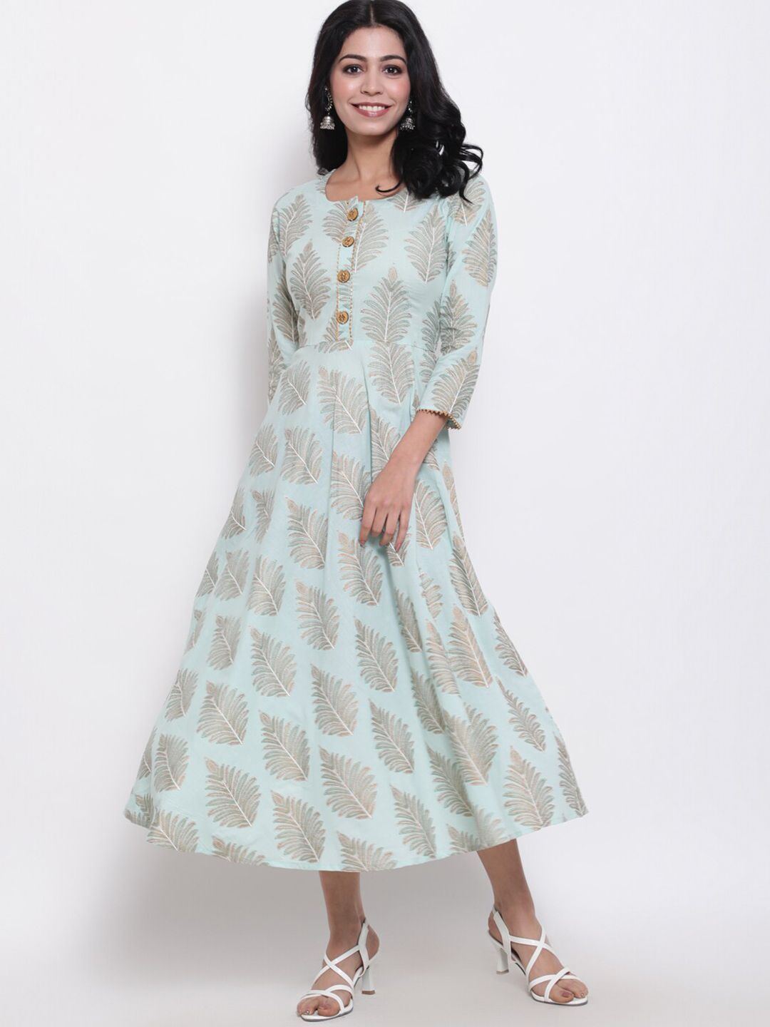 GLAM ROOTS Green Printed Cotton Ethnic Midi Dress Price in India