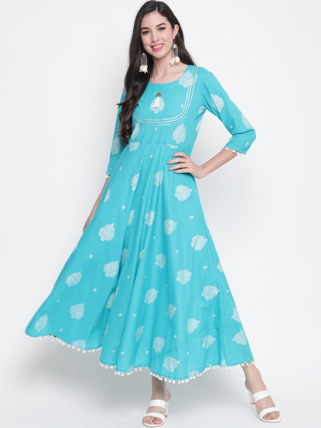 GLAM ROOTS Turquoise Blue Ethnic Motifs Cotton Maxi Dress Price in India