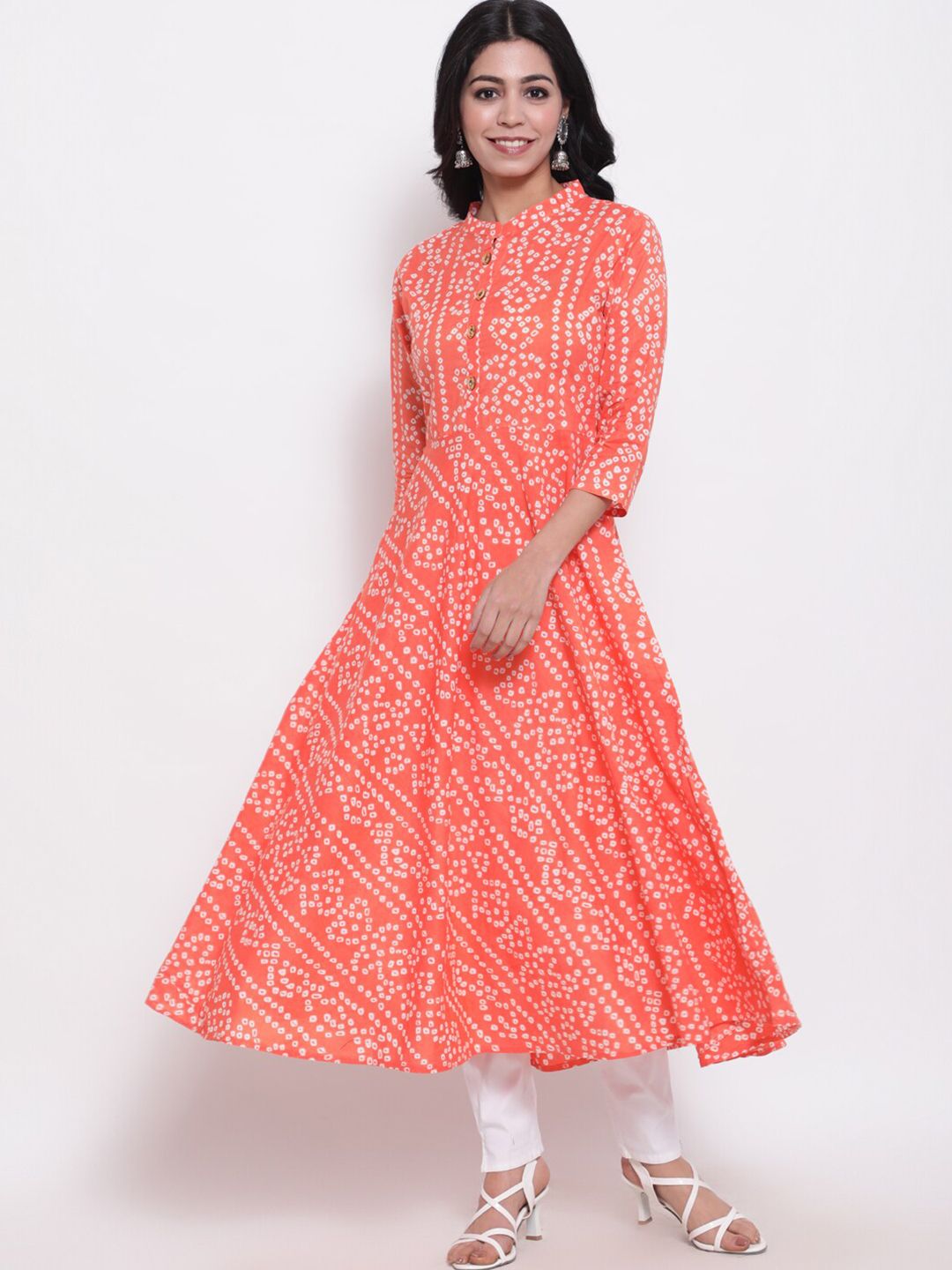 GLAM ROOTS Women Orange & White Bandhani Printed Anarkali Kurta Price in India