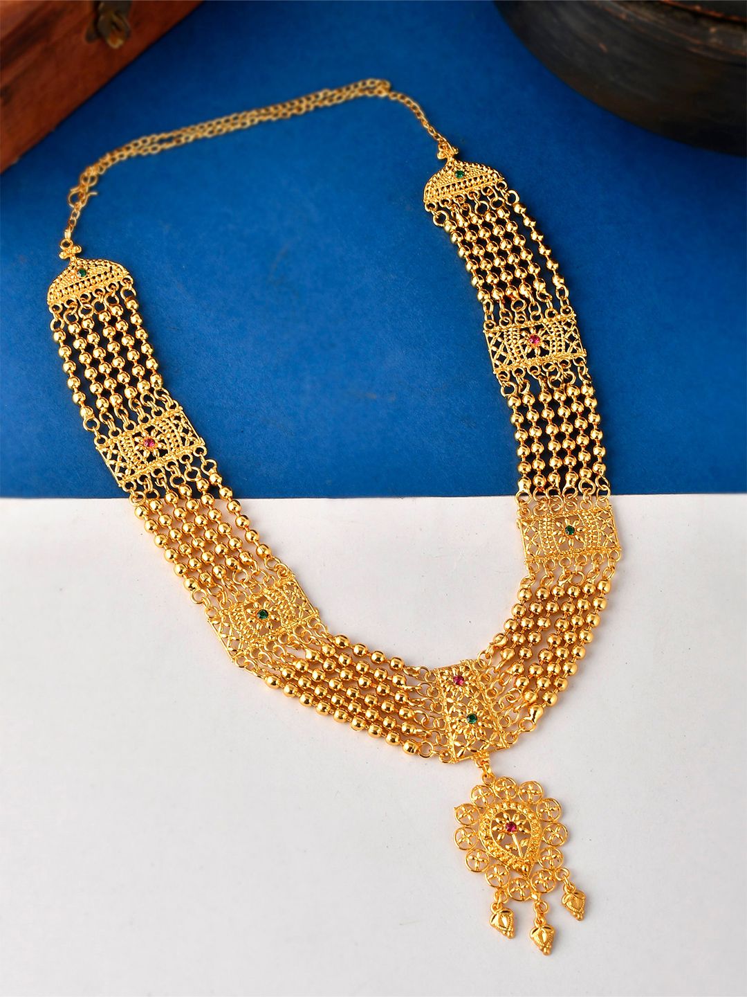 Silvermerc Designs Gold-Toned & Green Brass Gold-Plated Layered Necklace Price in India