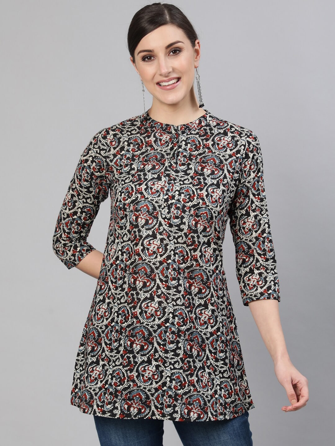 Nayo Women Black & Maroon Abstract Printed Tunic Price in India