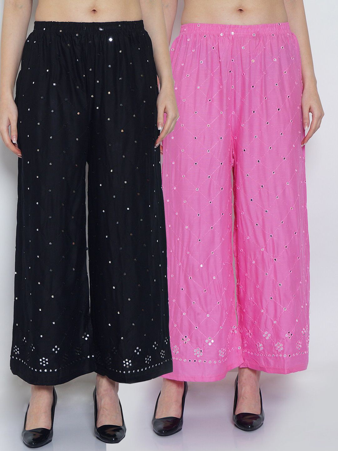 Jinfo Women Black & Pink Pack of 2 Floral Embroidered Flared Ethnic Palazzos Price in India