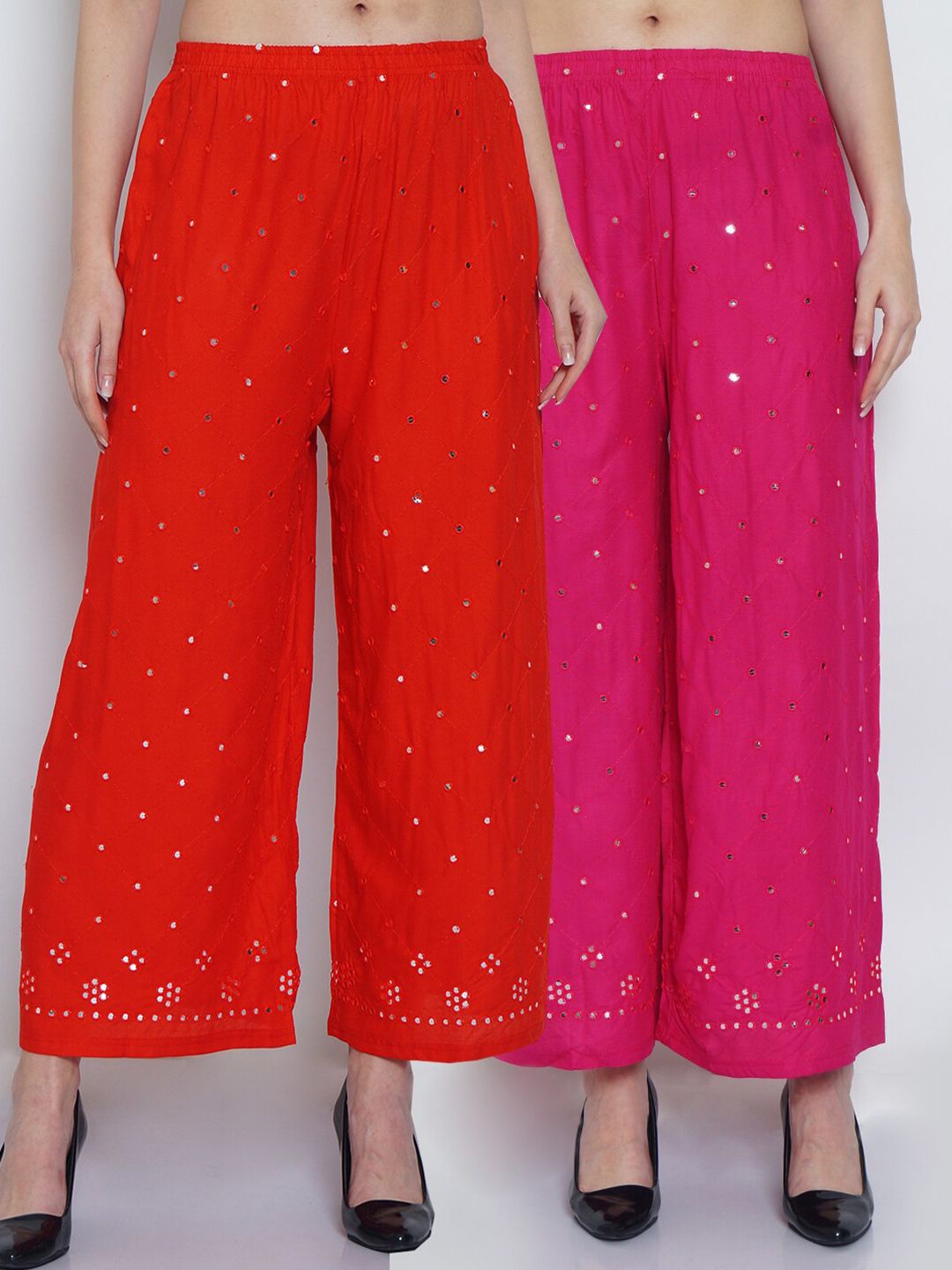 Jinfo Women Red & Pink Pack of 2 Embellished Flared Ethnic Palazzos Price in India