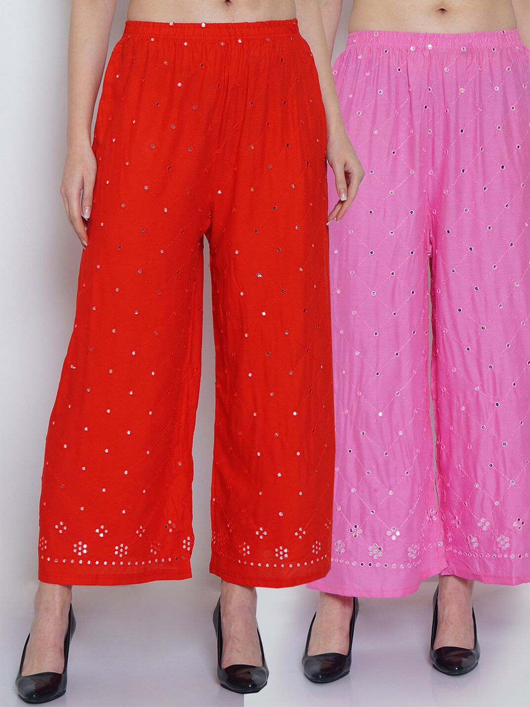 Jinfo Women Red & Pink Pack of 2 Floral Embroidered Flared Ethnic Palazzos Price in India