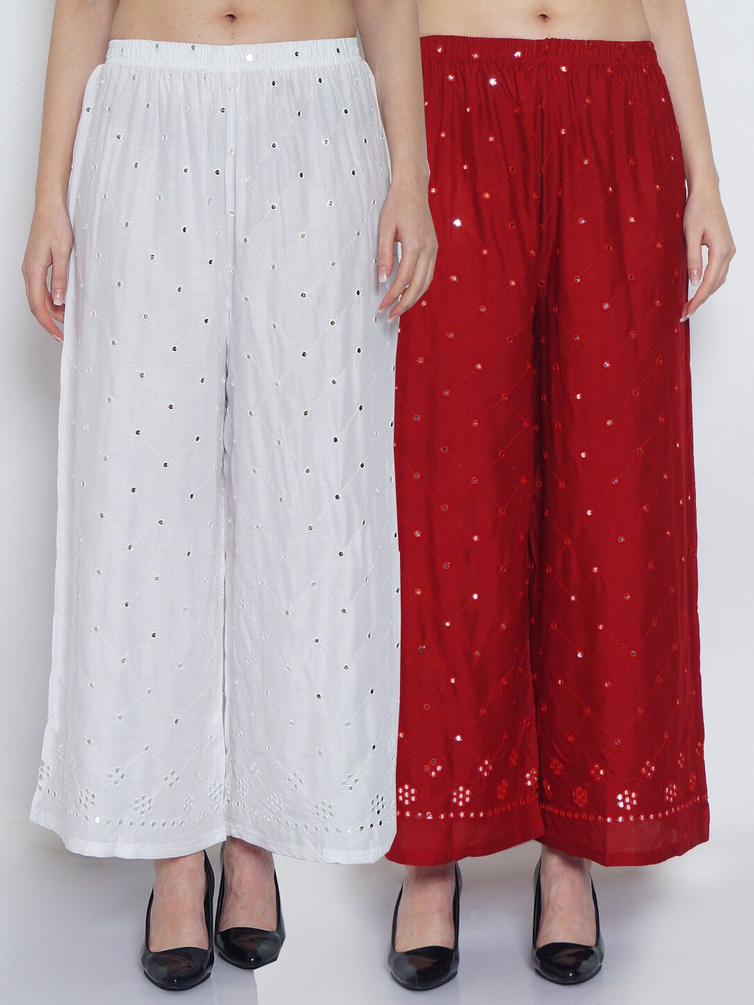 Jinfo Women White & Maroon Pack of 2 Printed Flared Knitted Ethnic Palazzos Price in India