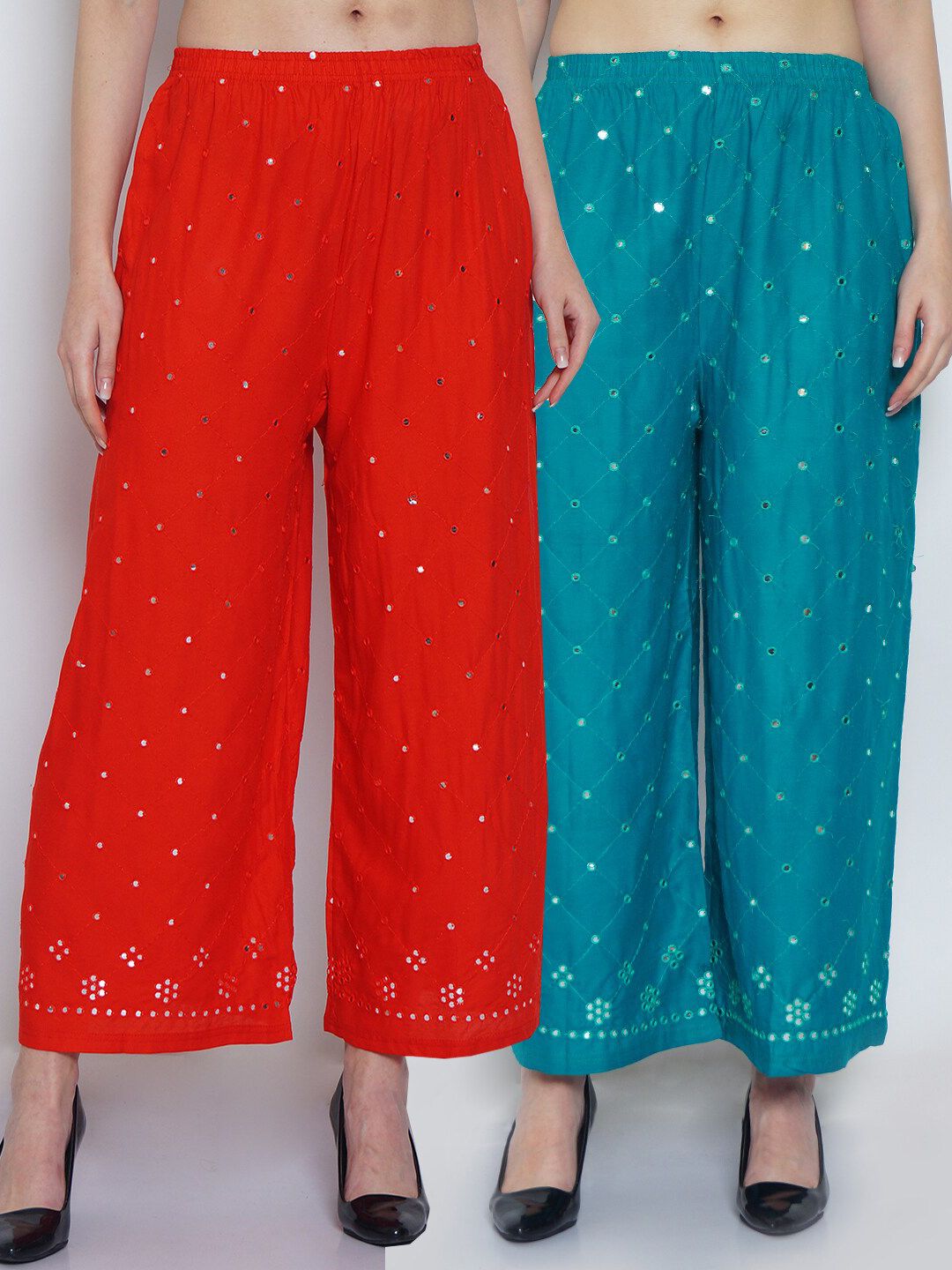 Jinfo Women Red & Turquoise Blue Set Of 2 Abstract Embroidered Straight Fit Palazzo Price in India