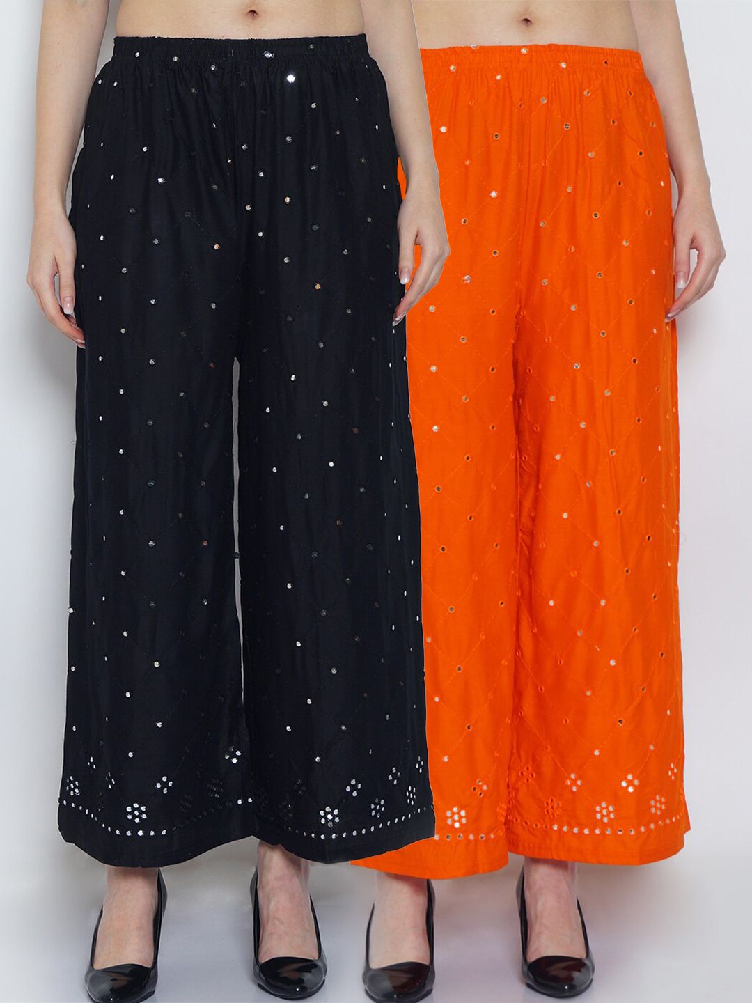 Jinfo Women Black & Orange Set of 2 Embellished Flared Ethnic Palazzos Price in India