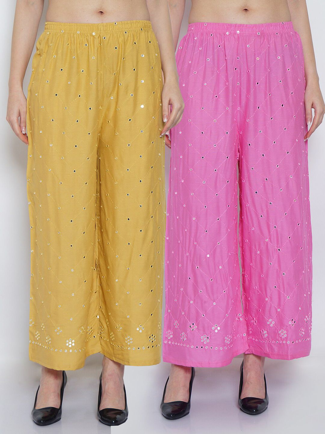 Jinfo Women Beige & Pink Pack of 2 Floral Embroidered Flared Ethnic Palazzos Price in India