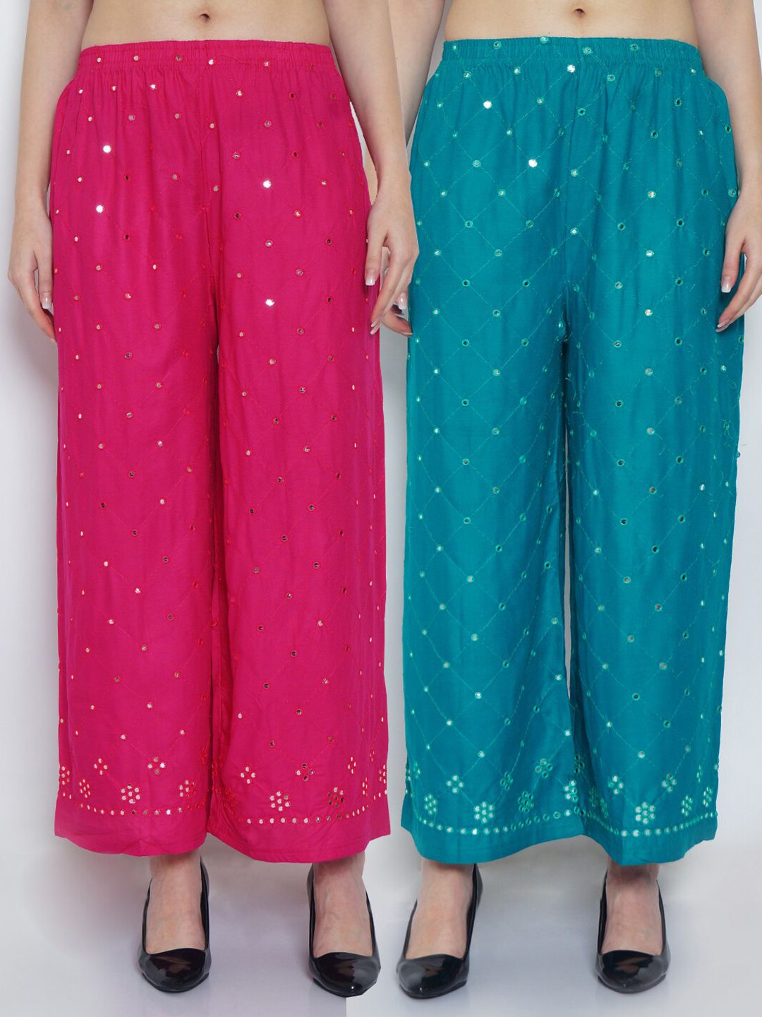 Jinfo Women Pink & Turquoise Blue Set Of 2 Embroidered Flared Ethnic Palazzos Price in India