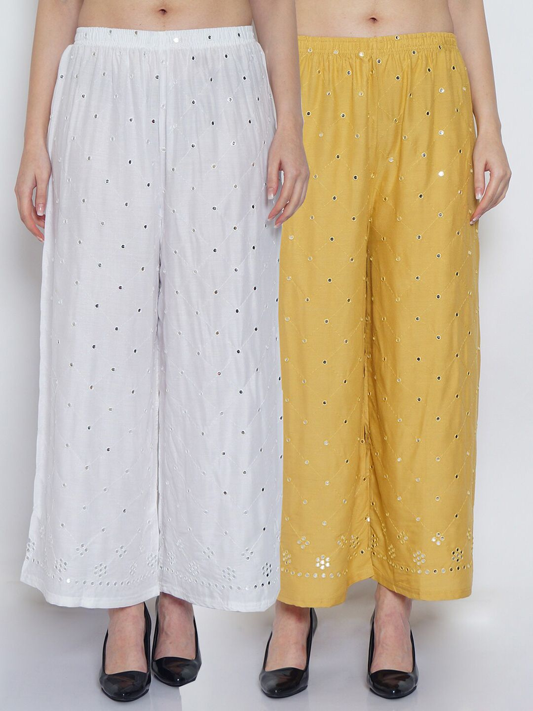 Jinfo Women White & Yellow Pack of 2 Floral Embroidered Ethnic Palazzos Price in India