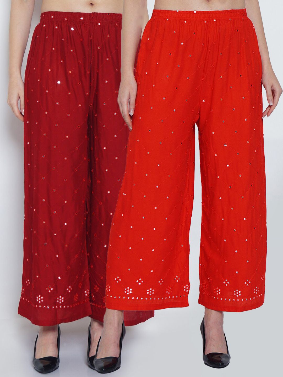 Jinfo Women Red & Maroon Pack of 2 Embellished Flared Ethnic Palazzos Price in India