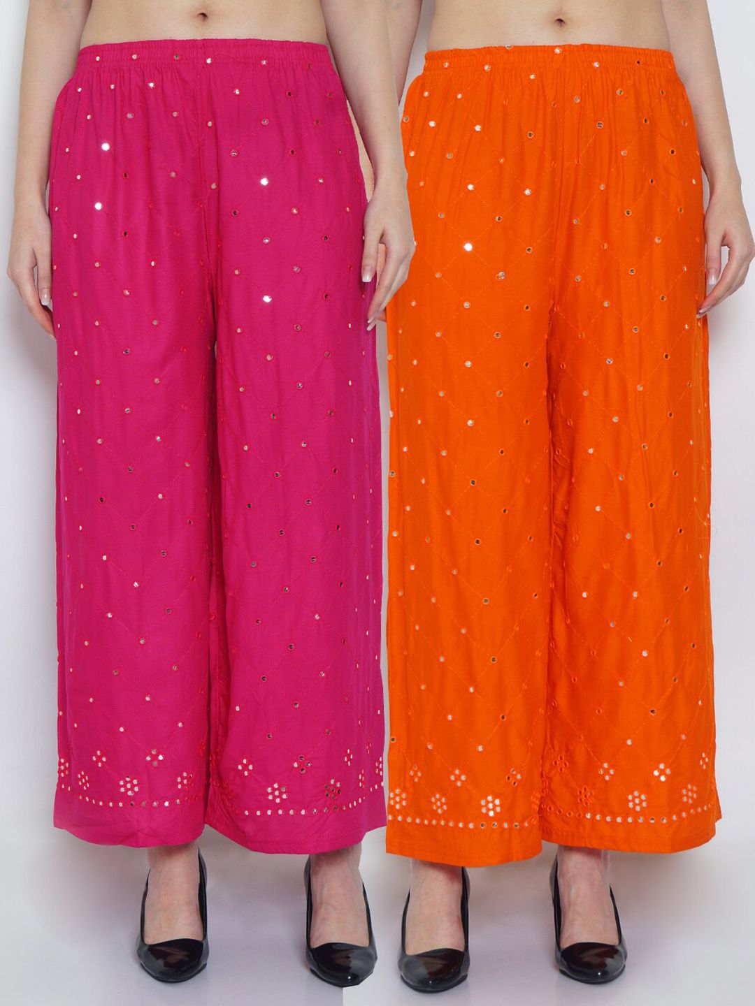 Jinfo Women Pink & Orange Set Of 2 Abstract Embroidered Straight Fit Palazzo Price in India