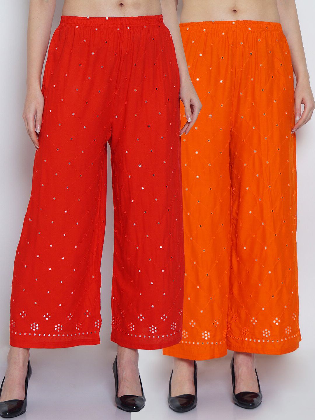 Jinfo Women Red & Orange Set Of 2 Abstract Embroidered Straight Fit Palazzo Price in India