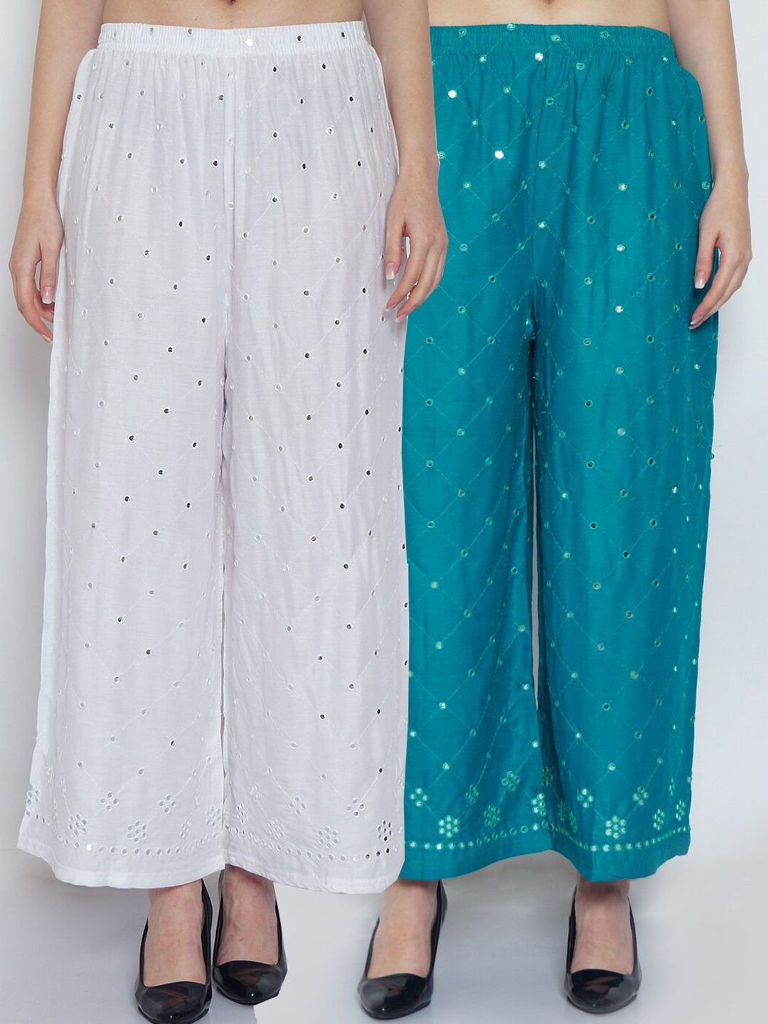 Jinfo Women White & Turquoise Blue Set Of 2 Embroidered Flared Ethnic Palazzos Price in India