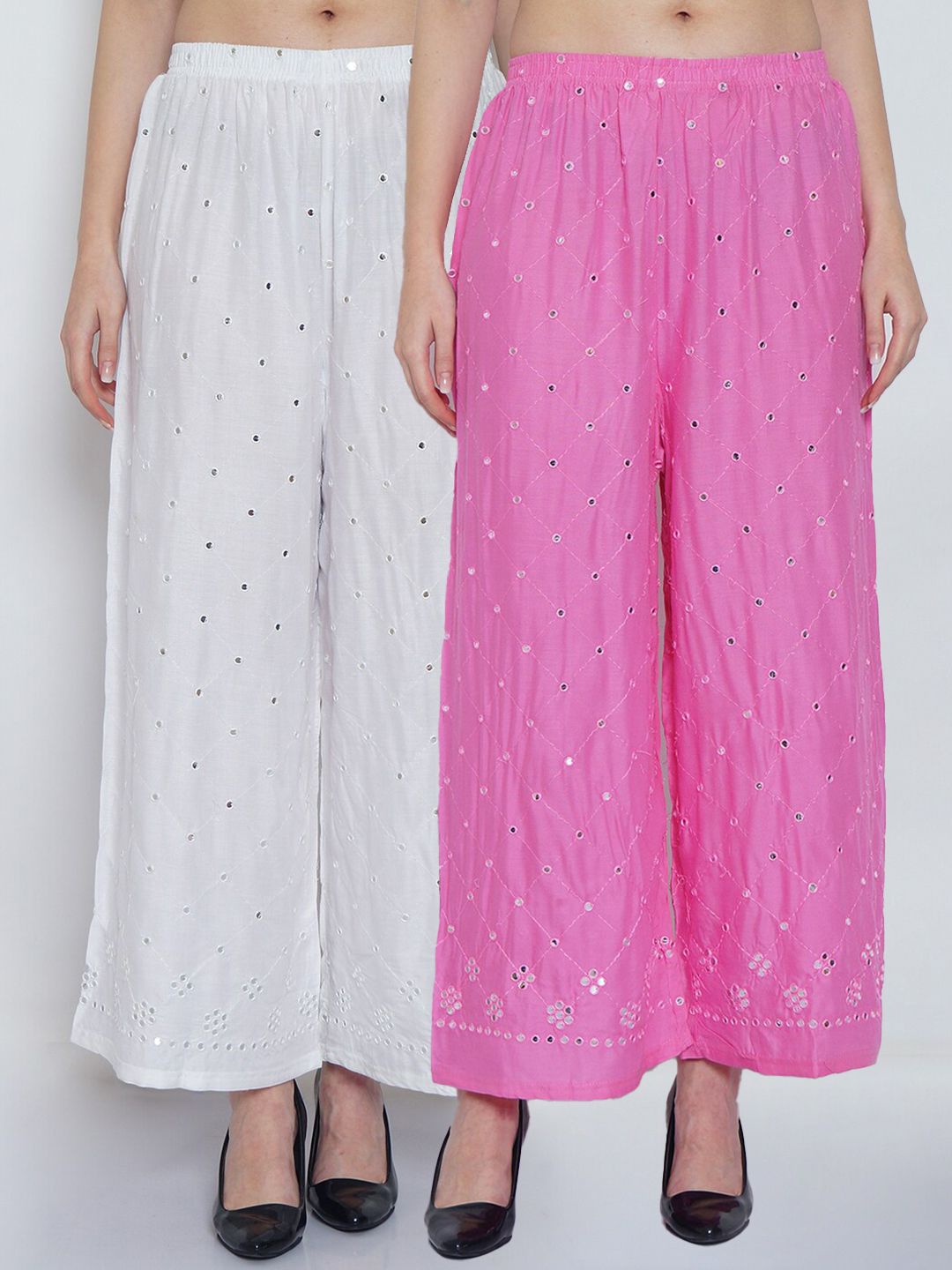 Jinfo Women White & Pink Pack of 2 Floral Embroidered Ethnic Palazzos Price in India