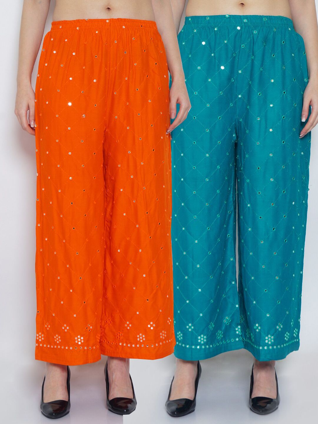 Jinfo Women Orange & Turquoise Blue Set of 2 Embroidered Flared Knitted Ethnic Palazzos Price in India