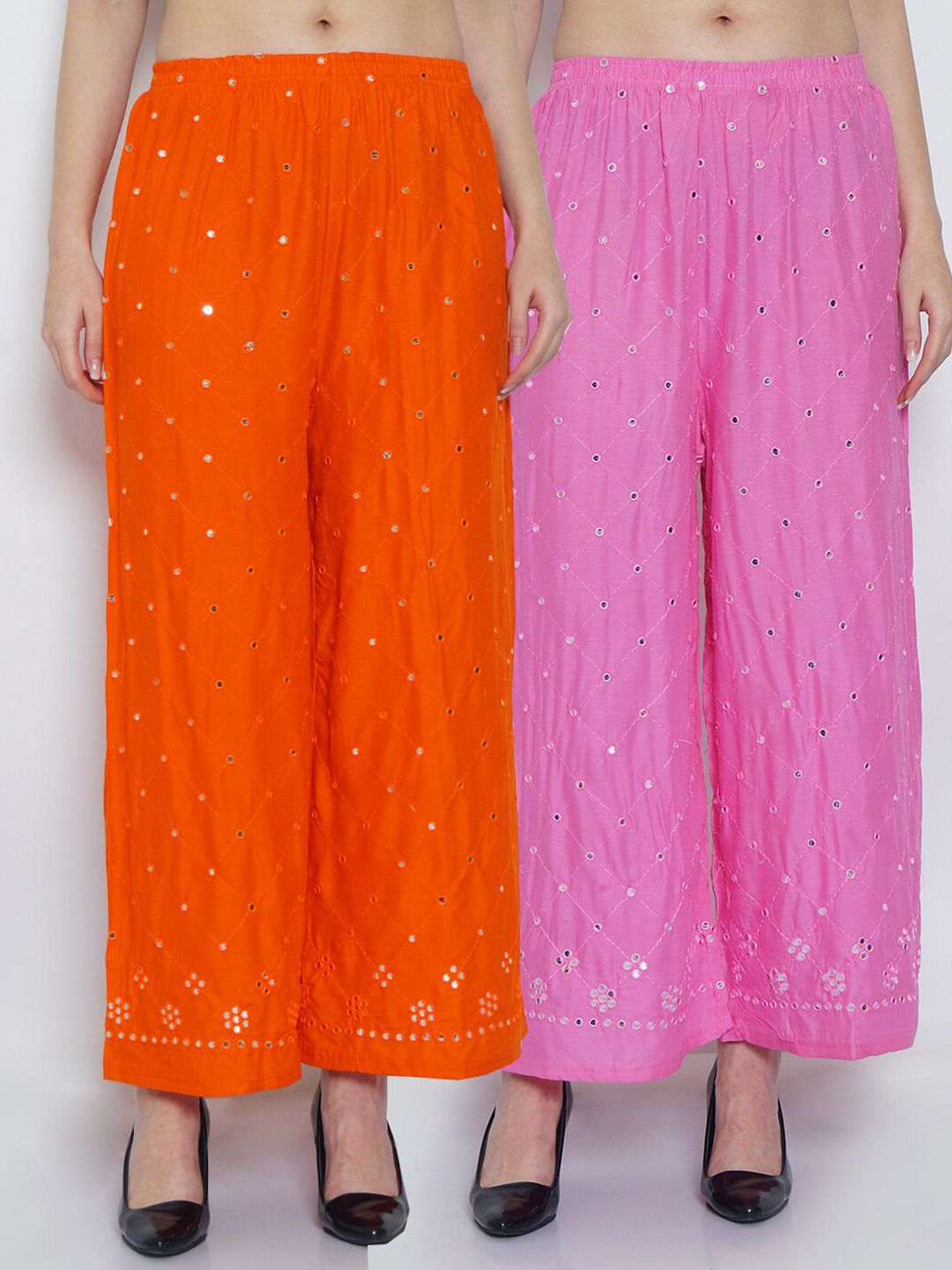 Jinfo Women Orange & Pink Pack of 2 Floral Embroidered Flared Ethnic Palazzos Price in India