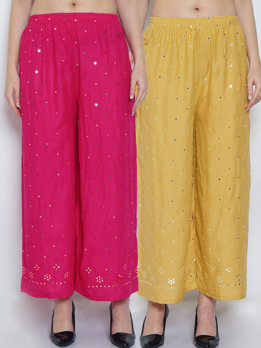 Jinfo Women Pink & Beige Pack of 2 Embellished Flared Knitted Ethnic Palazzos Price in India