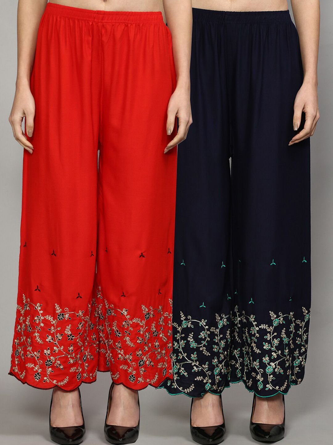 Jinfo Women Red & Navy Blue Pack of 2 Floral Embroidered Flared Knitted Ethnic Palazzos Price in India