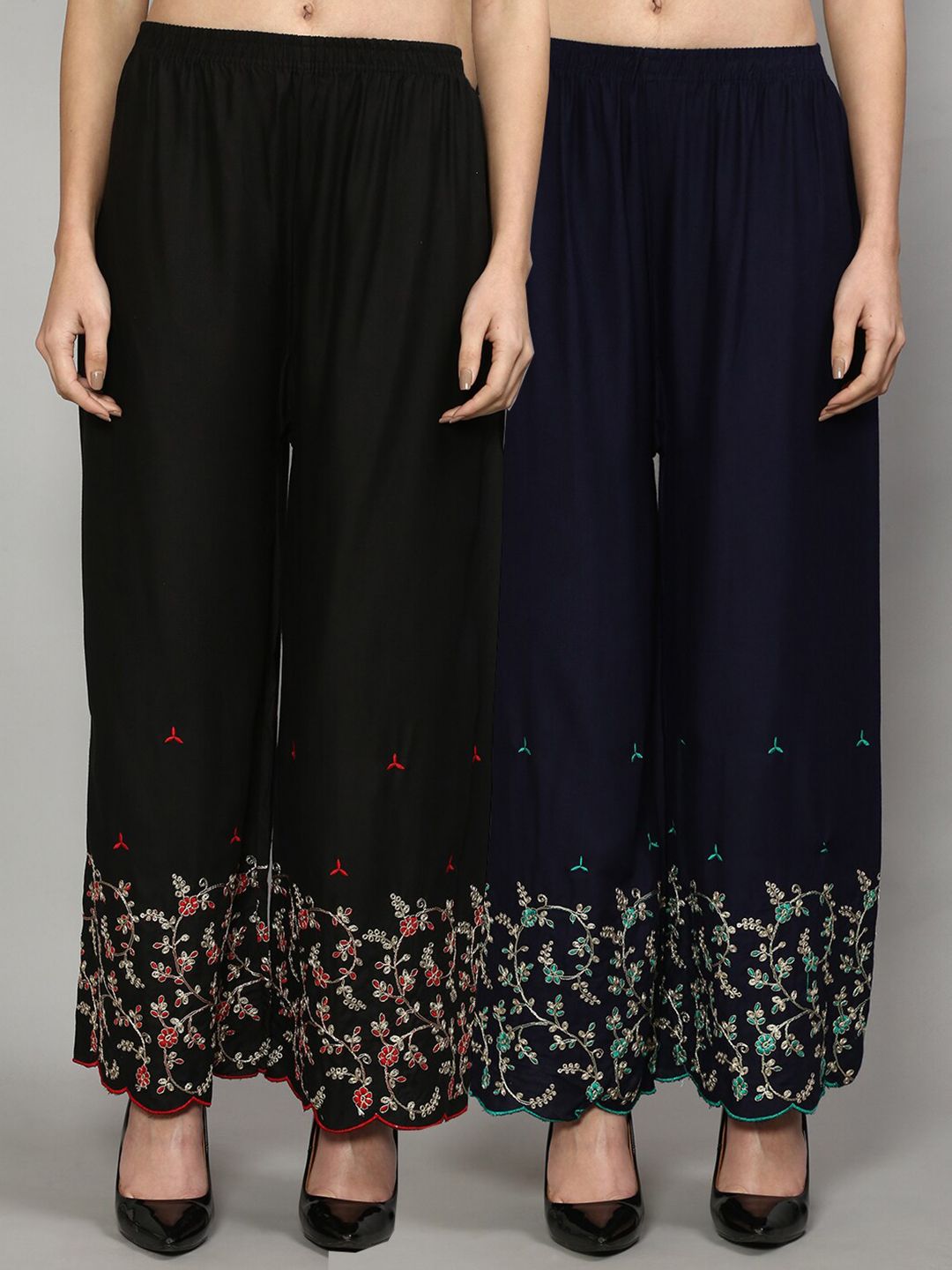 Jinfo Women Black & Navy Blue Pack of 2 Floral Embroidered Flared Ethnic Palazzos Price in India