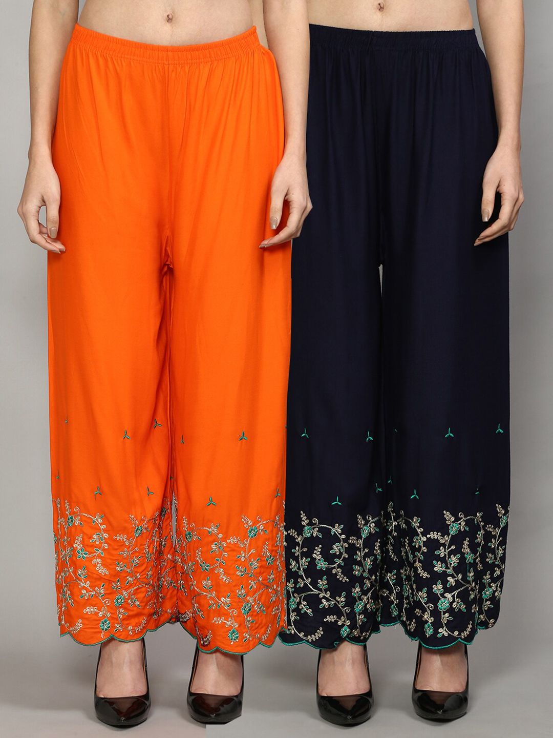 Jinfo Women Orange & Navy Blue Set Of 2 Floral Printed Straight Fit Palazzo Price in India