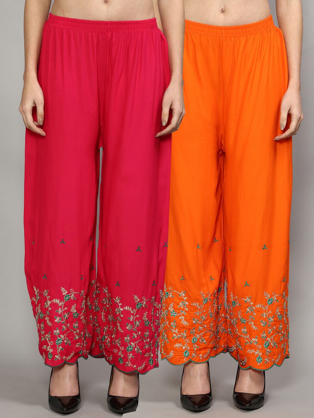 Jinfo Women Pink & Orange Set Of 2 Floral Embroidered Flared Ethnic Palazzos Price in India