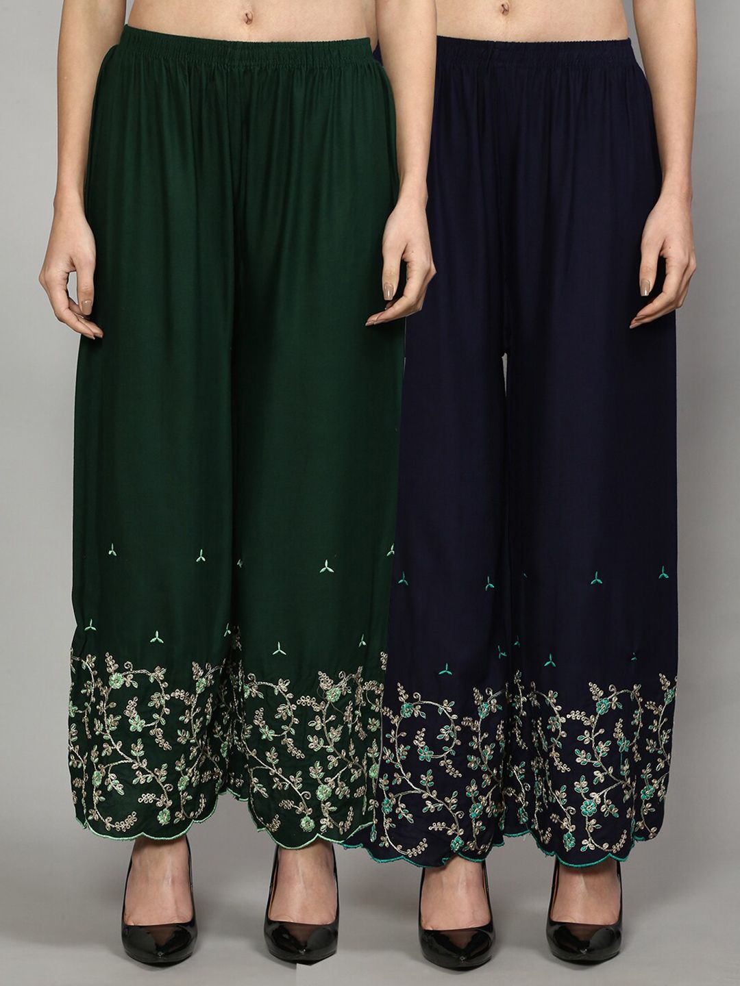 Jinfo Women Green & Navy Blue Pack of 2 Floral Embroidered Flared Knitted Ethnic Palazzos Price in India