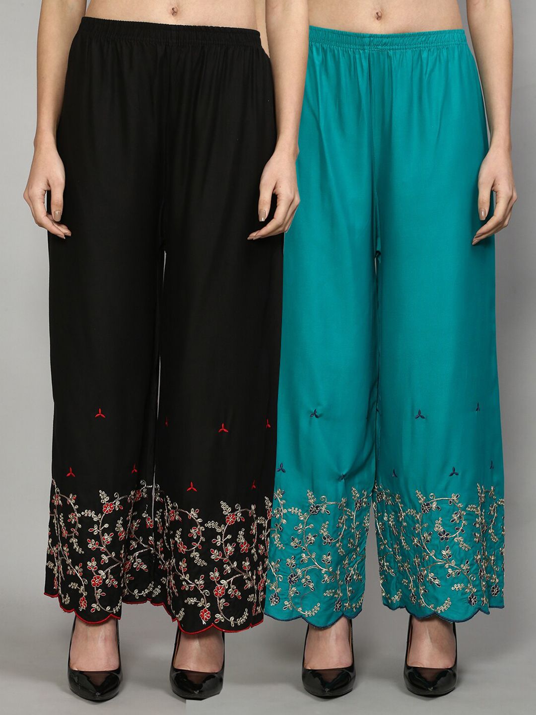 Jinfo Women Black & Turquoise Blue Set Of 2 Floral Printed Straight Fit Palazzo Price in India